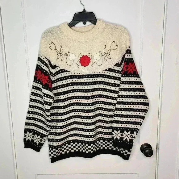 Sisley Relaxed Elegance Sweater Womens Medium Pullover Floral Stripe Virgin Wool - Picture 1 of 7